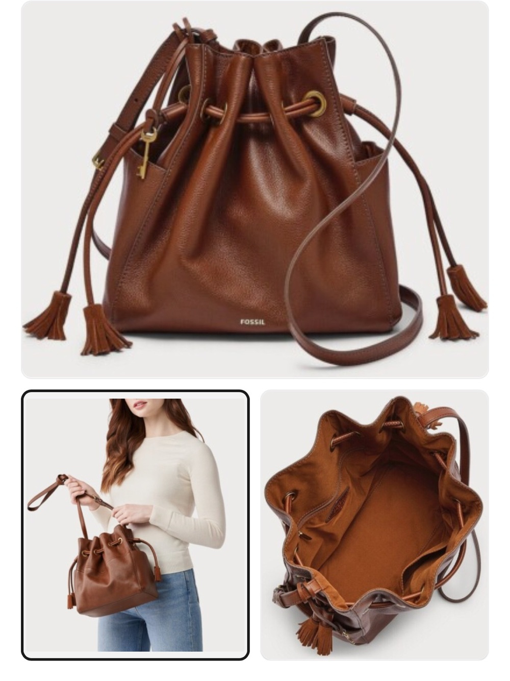 Fossil Brown Leather Drawstring Bucket Crossbody